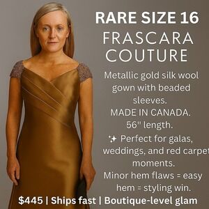 Frascara Size 16 Gold Evening Gown – Silk Wool, Beaded Sleeves, Canada Made